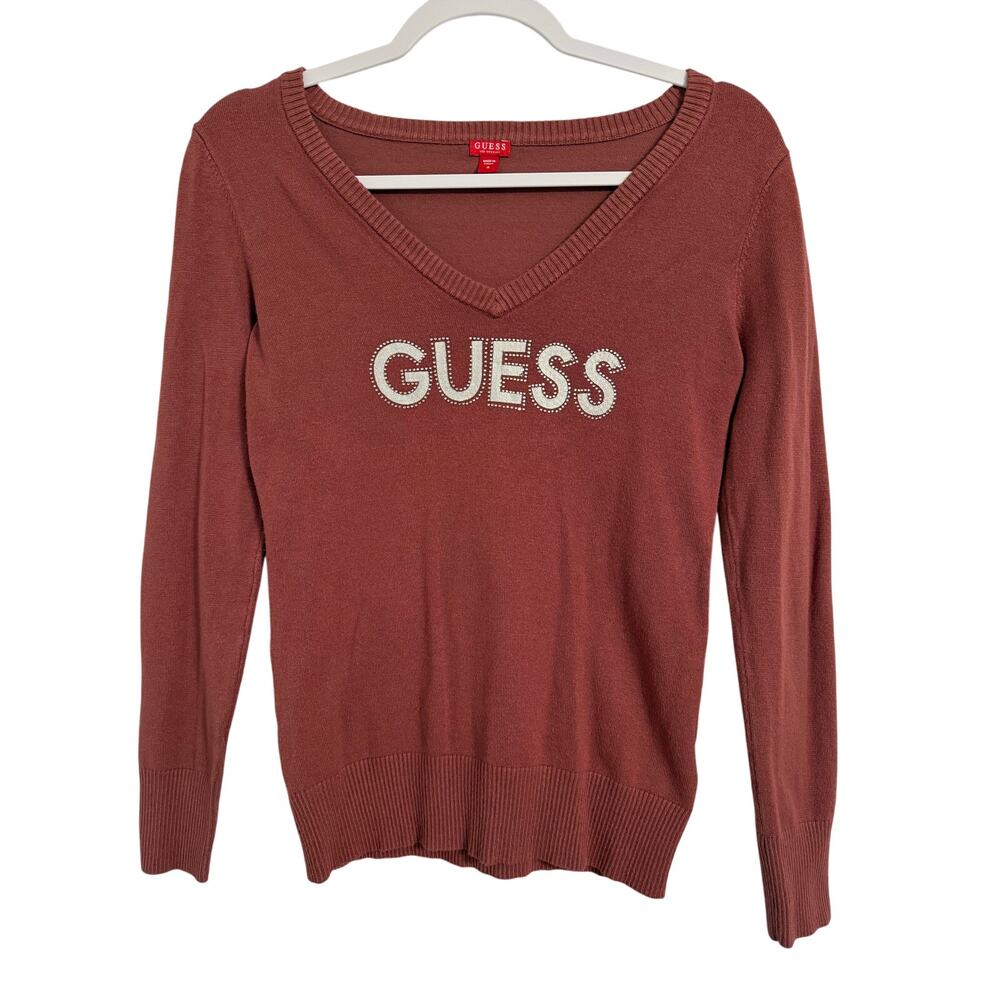 Guess Women's S Y2K Preppy Logo Silver Rhinestone V‎ Neck Knit Pink Sweater